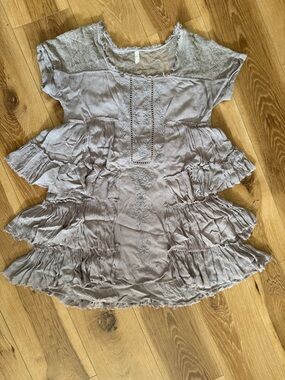 Free People Sunbeam Boho Tiered Ruffle Mini Dress in Castle Grey Small